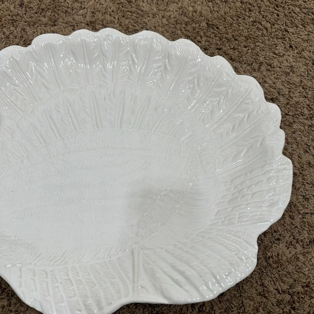 Vintage White Ceramic Turkey Serving Platter Embossed Thanksgiving Holiday Large